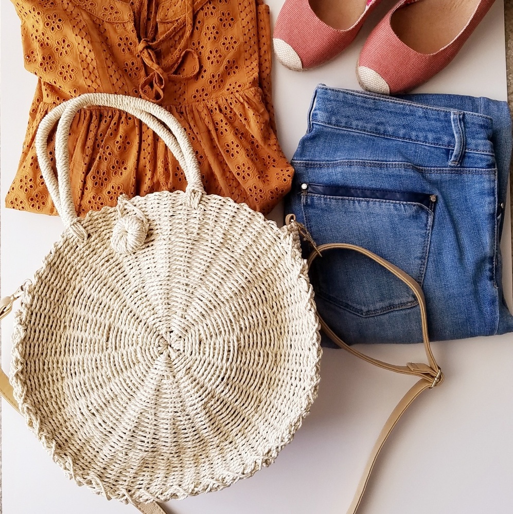Round Rattan crossbody tote bag